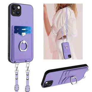 For iPhone 14 Plus R20 Crossbody Rope Ring Card Holder Phone Case(Purple)