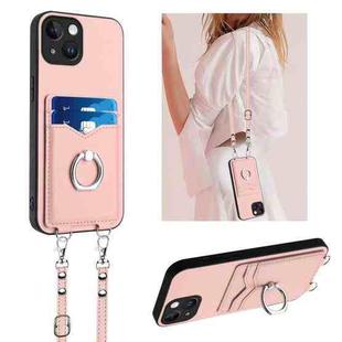 For iPhone 14 R20 Crossbody Rope Ring Card Holder Phone Case(Pink)