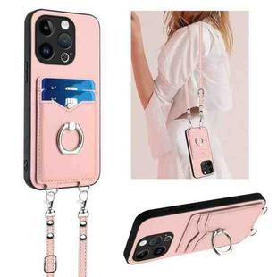 For iPhone 14 Pro R20 Crossbody Rope Ring Card Holder Phone Case(Pink)