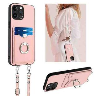 For iPhone 13 Pro Max R20 Crossbody Rope Ring Card Holder Phone Case(Pink)