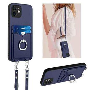 For iPhone 12 R20 Crossbody Rope Ring Card Holder Phone Case(Blue)