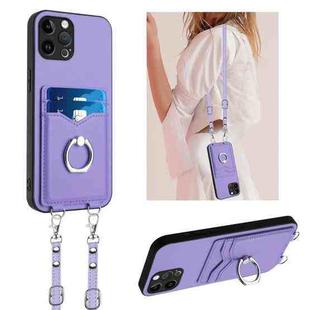 For iPhone 12 Pro R20 Crossbody Rope Ring Card Holder Phone Case(Purple)