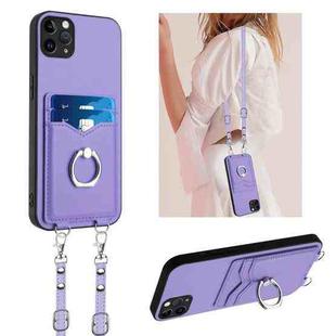 For iPhone 11 Pro Max R20 Crossbody Rope Ring Card Holder Phone Case(Purple)