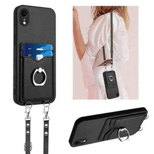 For iPhone XR R20 Crossbody Rope Ring Card Holder Phone Case(Black)