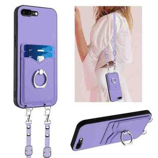 For iPhone 8 Plus / 7 Plus R20 Crossbody Rope Ring Card Holder Phone Case(Purple)