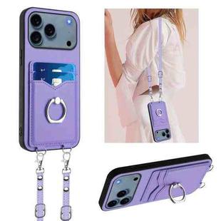 For iPhone 17 Pro R20 Crossbody Rope Ring Card Holder Phone Case(Purple)