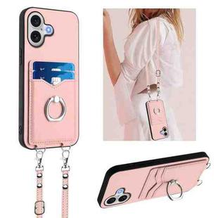 For iPhone 17 R20 Crossbody Rope Ring Card Holder Phone Case(Pink)