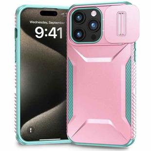 For iPhone 15 Pro Sliding Camshield Phone Case(Pink + Grey Green)