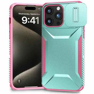 For iPhone 15 Pro Sliding Camshield Phone Case(Grey Green + Pink)