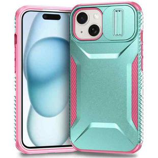 For iPhone 15 Plus Sliding Camshield Phone Case(Grey Green + Pink)