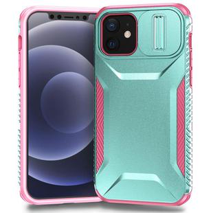 For iPhone 12 Sliding Camshield Phone Case(Grey Green + Pink)