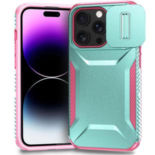 For iPhone 14 Pro Sliding Camshield Phone Case(Grey Green + Pink)