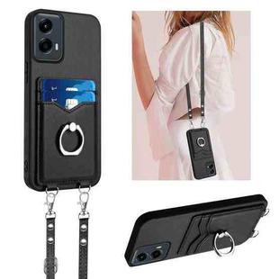 For Motorola Moto G Play 2024 5G R20 Crossbody Rope Ring Card Holder Phone Case(Black)