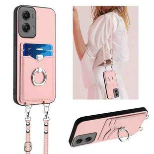 For Motorola Moto G Stylus 5G 2024 R20 Crossbody Rope Ring Card Holder Phone Case(Pink)