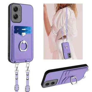 For Motorola Moto G Stylus 5G 2024 R20 Crossbody Rope Ring Card Holder Phone Case(Purple)