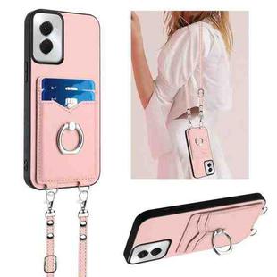 For Motorola Moto G Power 5G 2024 R20 Crossbody Rope Ring Card Holder Phone Case(Pink)