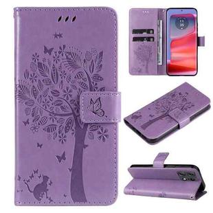 For Motorola Edge 50 Pro Tree & Cat Embossed Pattern Flip Leather Phone Case(Light Purple)