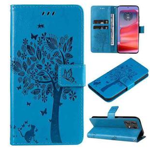 For Motorola Edge 50 Pro Tree & Cat Embossed Pattern Flip Leather Phone Case(Blue)