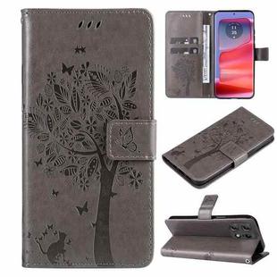 For Motorola Edge 50 Pro Tree & Cat Embossed Pattern Flip Leather Phone Case(Grey)