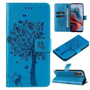 For Motorola Moto G34 Tree & Cat Embossed Pattern Flip Leather Phone Case(Blue)