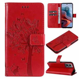 For Motorola Moto G34 Tree & Cat Embossed Pattern Flip Leather Phone Case(Red)