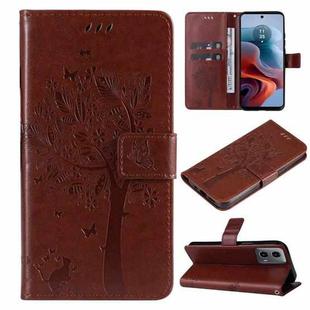 For Motorola Moto G34 Tree & Cat Embossed Pattern Flip Leather Phone Case(Coffee)