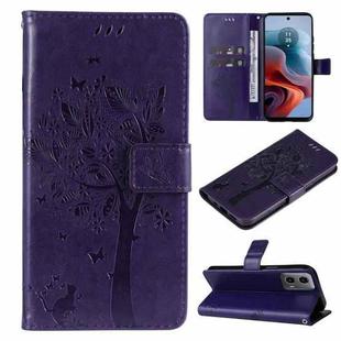 For Motorola Moto G34 Tree & Cat Embossed Pattern Flip Leather Phone Case(Purple)