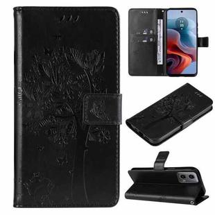 For Motorola Moto G34 Tree & Cat Embossed Pattern Flip Leather Phone Case(Black)