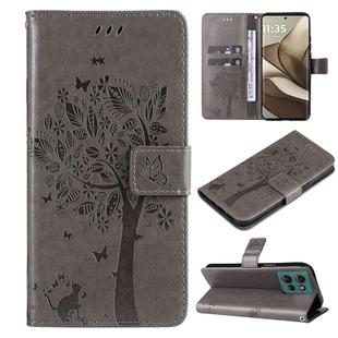 For Motorola Edge 50 5G Tree & Cat Embossed Pattern Flip Leather Phone Case(Grey)