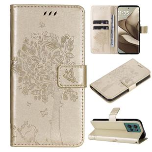 For Motorola Edge 50 5G Tree & Cat Embossed Pattern Flip Leather Phone Case(Gold)