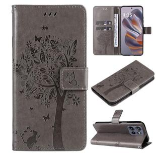 For Motorola Edge 50 Neo Tree & Cat Embossed Pattern Flip Leather Phone Case(Grey)