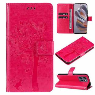 For Motorola Edge 50 Neo Tree & Cat Embossed Pattern Flip Leather Phone Case(Rose Red)