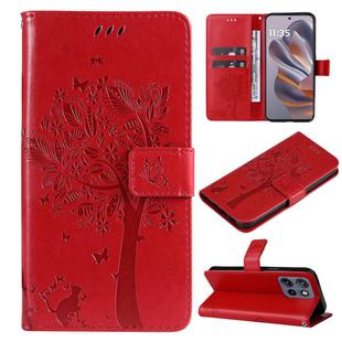 For Motorola Edge 50 Neo Tree & Cat Embossed Pattern Flip Leather Phone Case(Red)