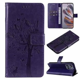 For Motorola Edge 50 Neo Tree & Cat Embossed Pattern Flip Leather Phone Case(Purple)