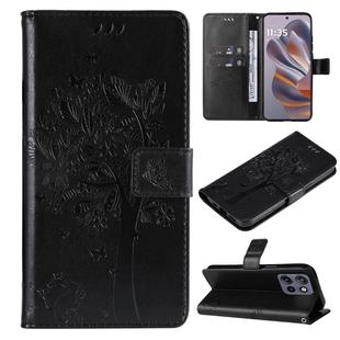 For Motorola Edge 50 Neo Tree & Cat Embossed Pattern Flip Leather Phone Case(Black)