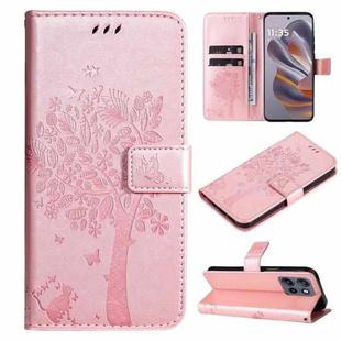 For Motorola Edge 50 Neo Tree & Cat Embossed Pattern Flip Leather Phone Case(Rose Gold)