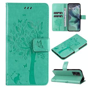 For Motorola Moto G35 Tree & Cat Embossed Pattern Flip Leather Phone Case(Green)