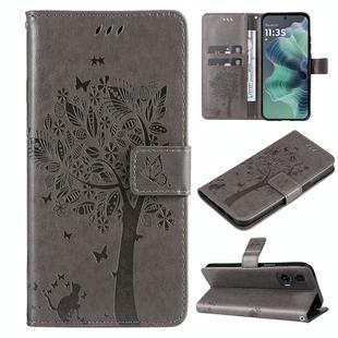 For Motorola Moto G35 Tree & Cat Embossed Pattern Flip Leather Phone Case(Grey)