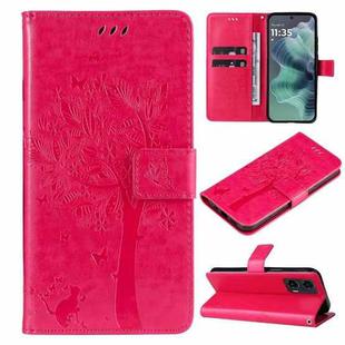 For Motorola Moto G35 Tree & Cat Embossed Pattern Flip Leather Phone Case(Rose Red)