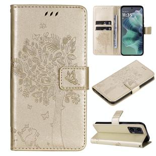 For Motorola Moto G35 Tree & Cat Embossed Pattern Flip Leather Phone Case(Gold)