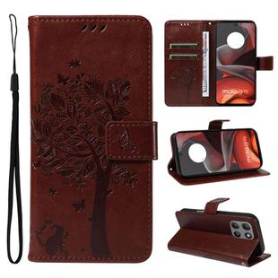 For Motorola Moto G15 Tree & Cat Embossed Pattern Flip Leather Phone Case(Coffee)