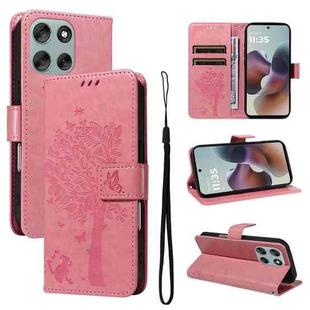 For Motorola Moto G56 5G Tree & Cat Embossed Pattern Flip Leather Phone Case(Pink)