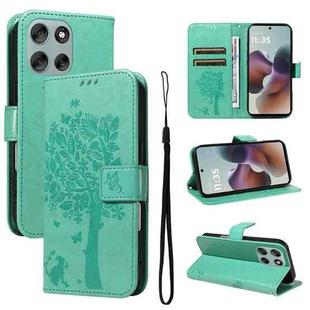 For Motorola Moto G56 5G Tree & Cat Embossed Pattern Flip Leather Phone Case(Green)