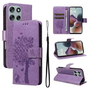 For Motorola Moto G56 5G Tree & Cat Embossed Pattern Flip Leather Phone Case(Light Purple)