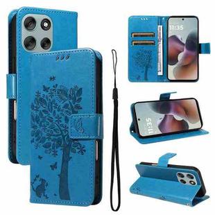 For Motorola Moto G56 5G Tree & Cat Embossed Pattern Flip Leather Phone Case(Blue)