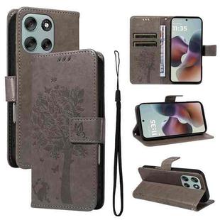 For Motorola Moto G56 5G Tree & Cat Embossed Pattern Flip Leather Phone Case(Grey)