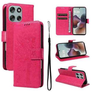 For Motorola Moto G56 5G Tree & Cat Embossed Pattern Flip Leather Phone Case(Rose Red)