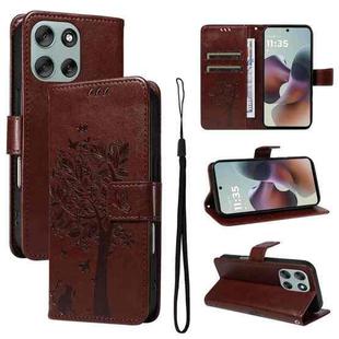 For Motorola Moto G56 5G Tree & Cat Embossed Pattern Flip Leather Phone Case(Coffee)