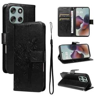 For Motorola Moto G56 5G Tree & Cat Embossed Pattern Flip Leather Phone Case(Black)