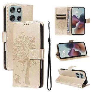 For Motorola Moto G56 5G Tree & Cat Embossed Pattern Flip Leather Phone Case(Gold)